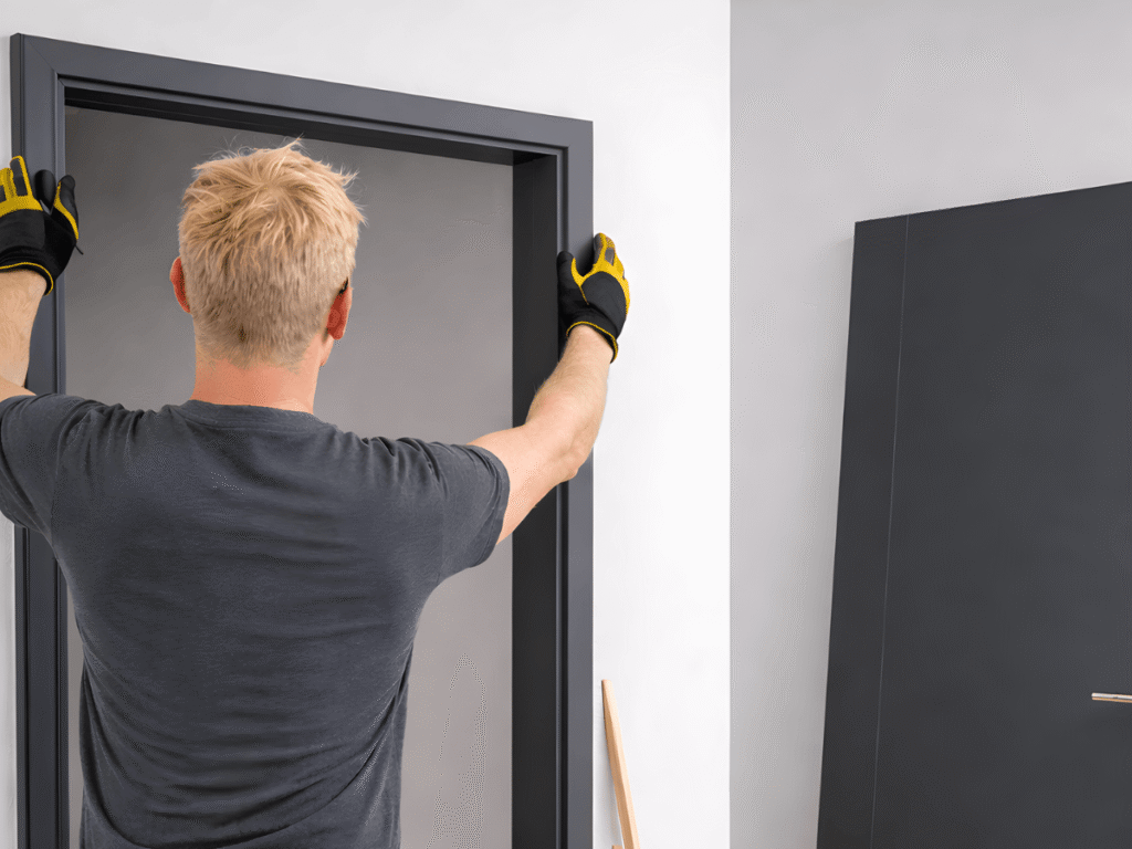 Ein Monteur baut eine moderne Innentür ein, Holzbau-Leistungen von Holzbau K. Jager
