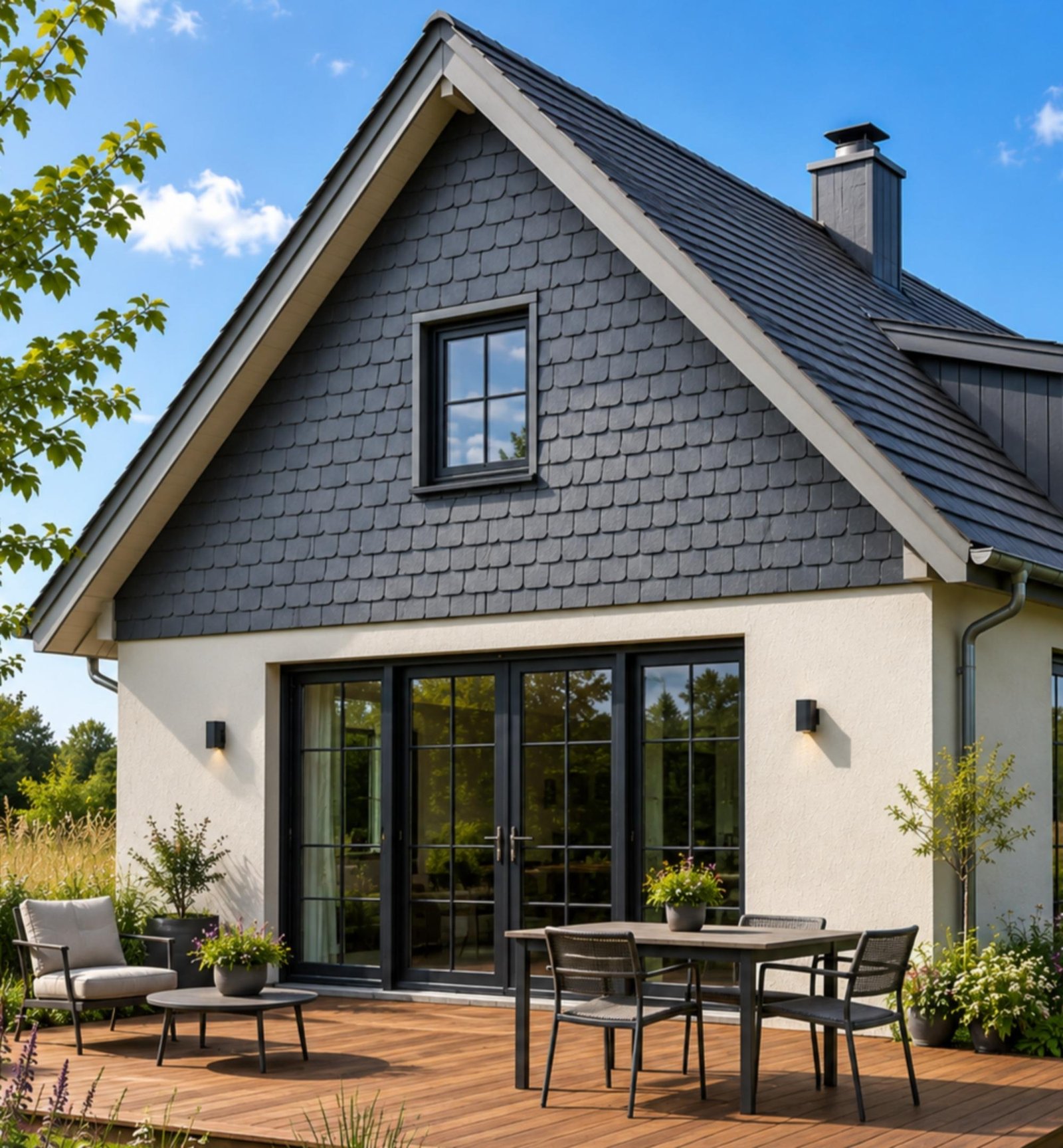 Schieferschindeln am Giebel eines Hauses