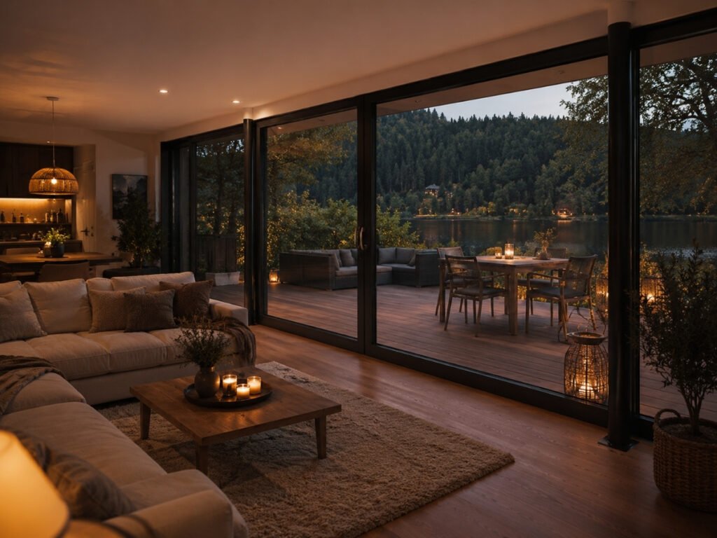 Wohnzimmer mit großer Glasfront und Schiebetür