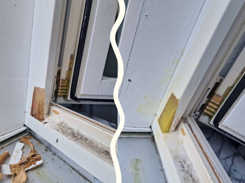 Holreaparatur am Fenster aussen
