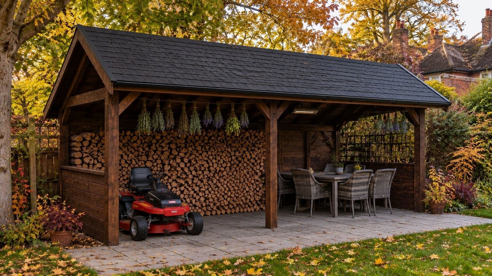 Unterstand im Garten zum lagern von Kaminholz und Unterstellen von Gartengeräten