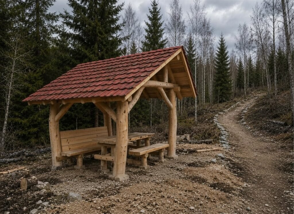 Buswartehäuser und Rastplätze aus Naturmaterialien gebaut